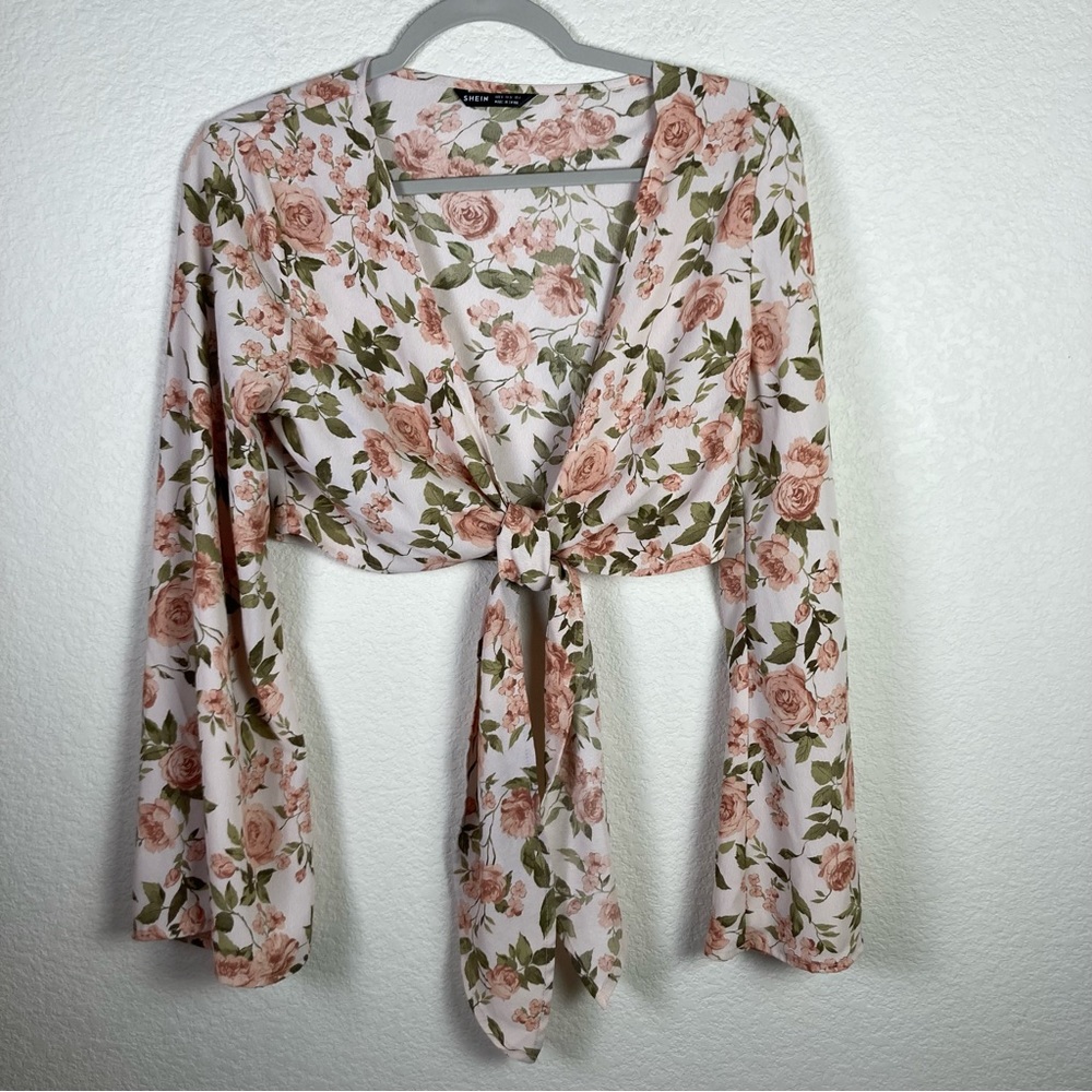 SHEIN Women’s SZ S floral rose print front tie cover up